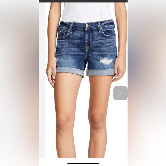 7 For All Mankind Mid Rise Denim Shorts Rolled Hem Distressed 25 (fits like 26) - Picture 2 of 6